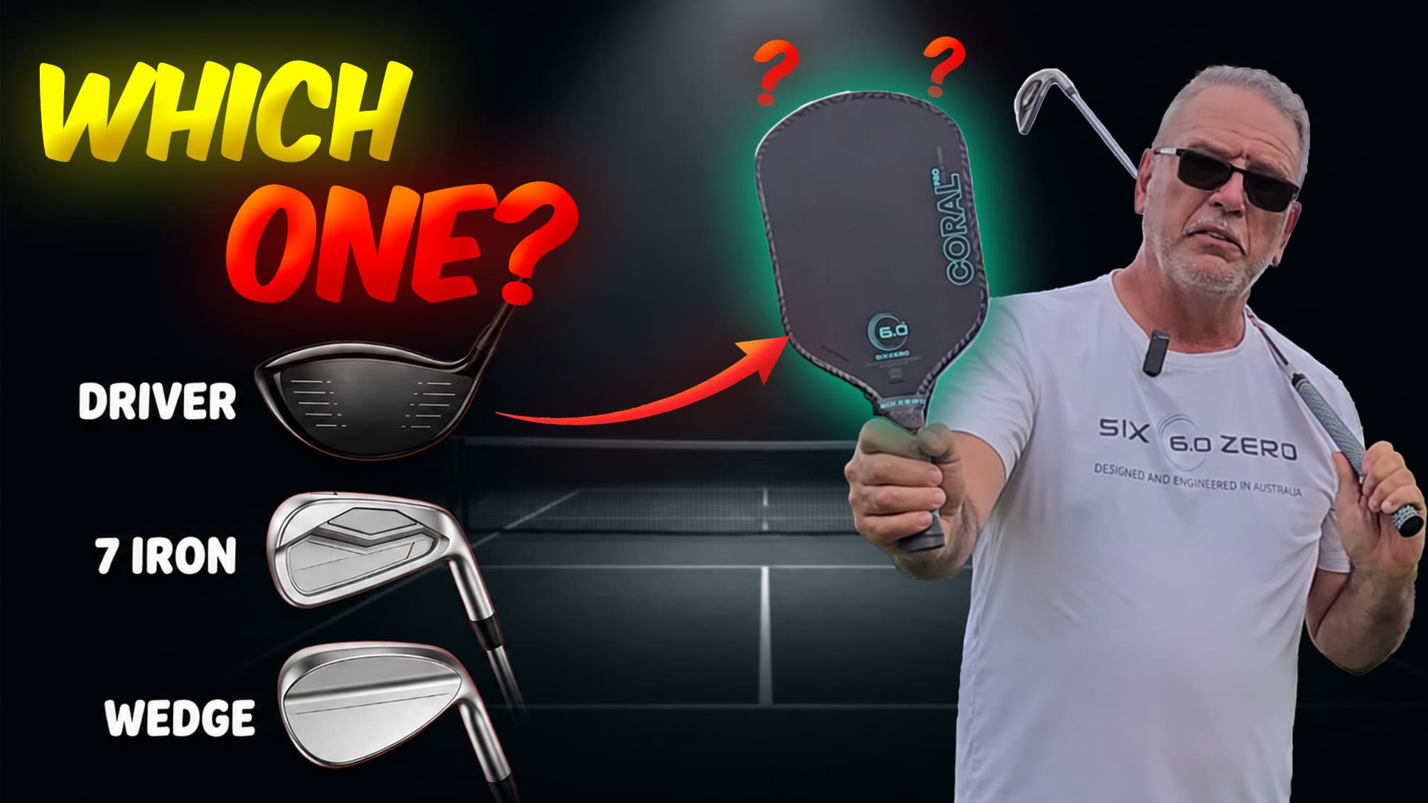 Coach Jeff holding a Six Zero Coral Pro paddle beside a golf driver, 7-iron and wedge, asking which club the paddle should copy