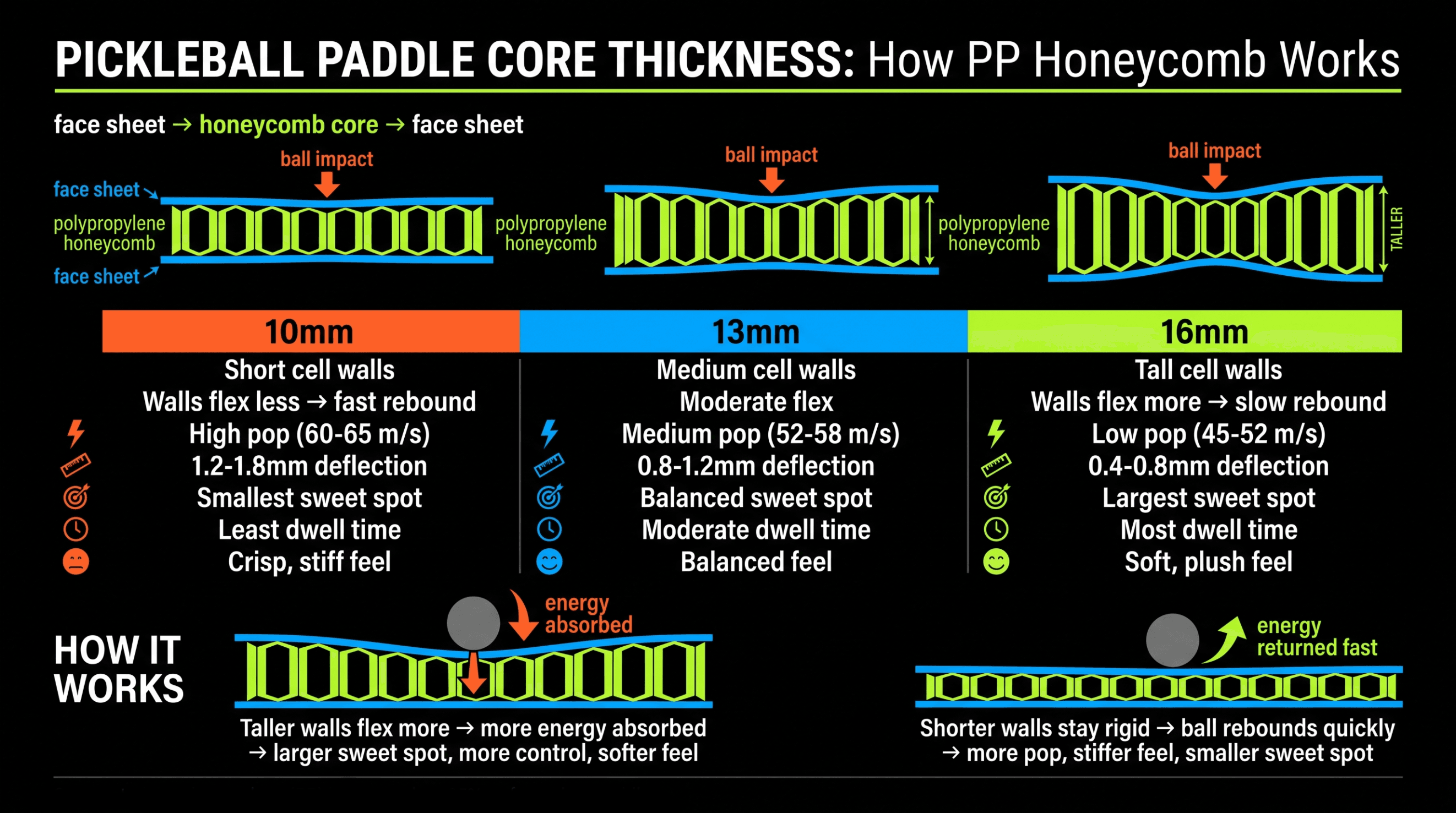 Infographic comparing 10mm, 13mm and 16mm polypropylene honeycomb cores across ball speed, deflection, sweet spot size, dwell time and feel