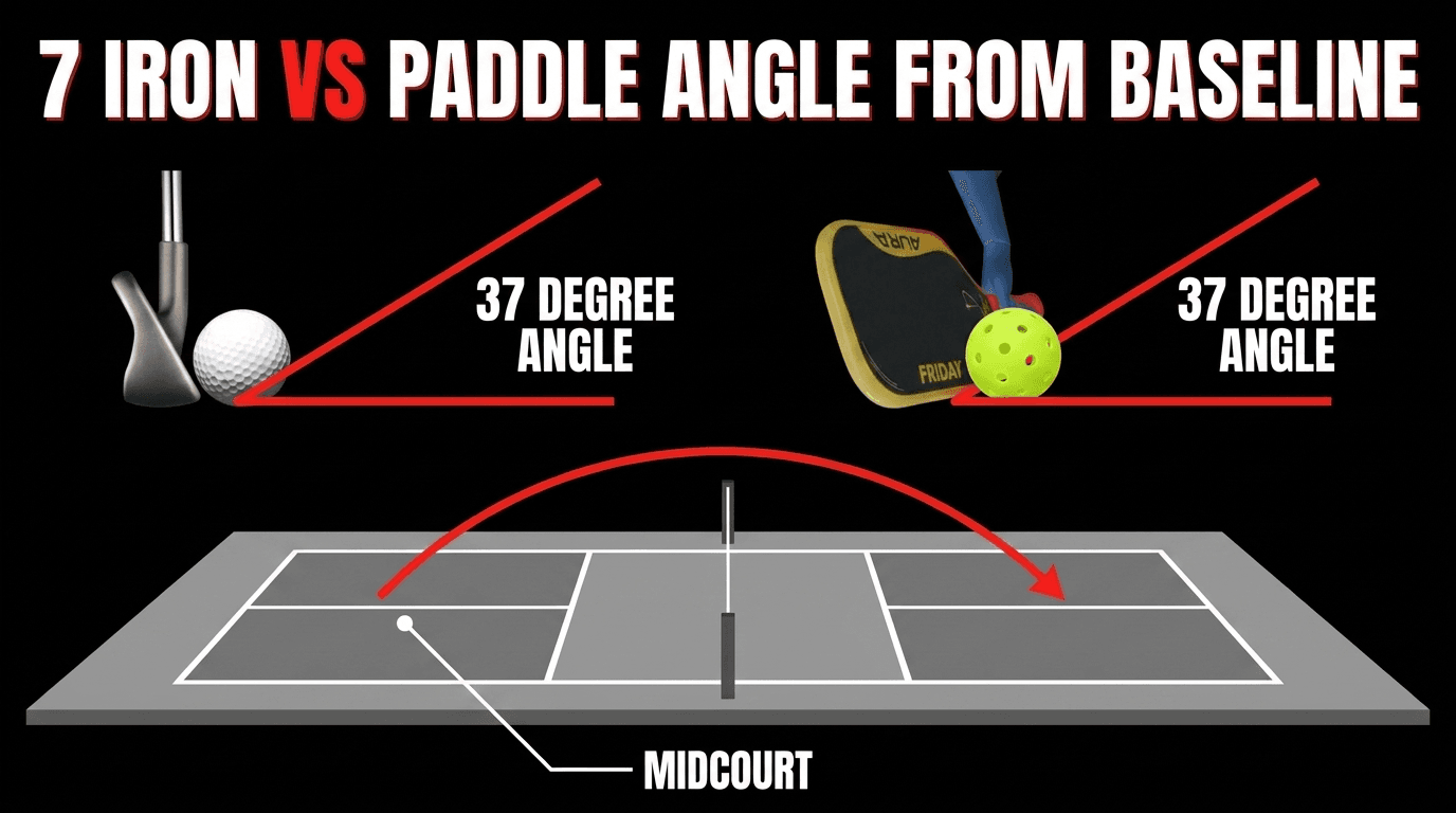 Diagram comparing a 7 iron at 37 degrees loft with a pickleball paddle at a 37 degree face angle, landing the ball in the midcourt