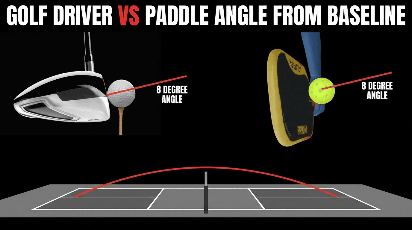Diagram comparing a golf driver at 8 degrees loft with a pickleball paddle at the same 8 degree face angle, driving the ball low from the baseline