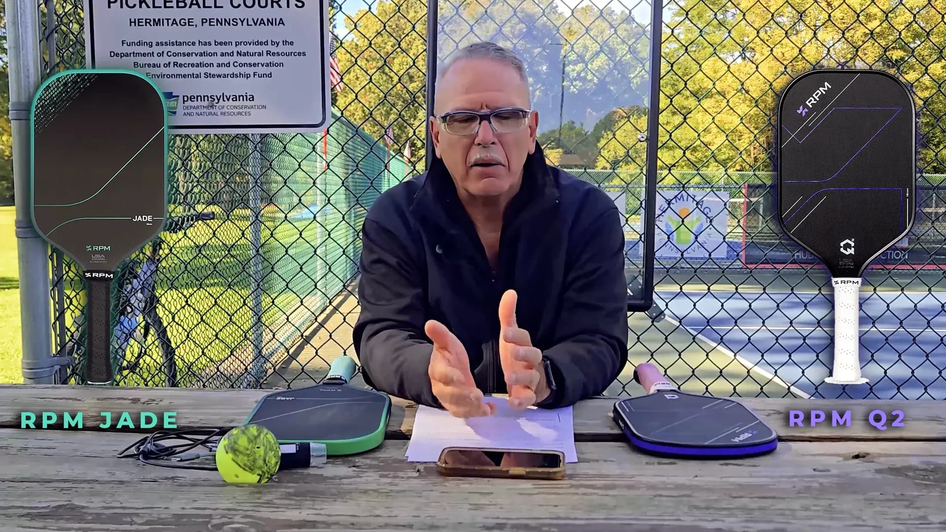 Coach Jeff at the Buhl Park courts with the RPM Jade and RPM Q2 pickleball paddles
