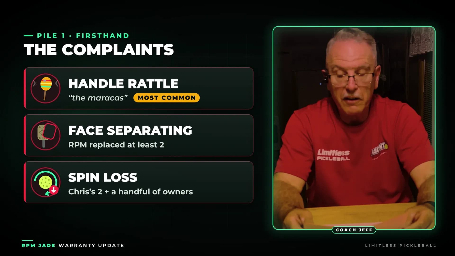 Graphic listing the firsthand RPM Jade complaints: handle rattle (most common), face separating with RPM replacing at least two, and spin loss