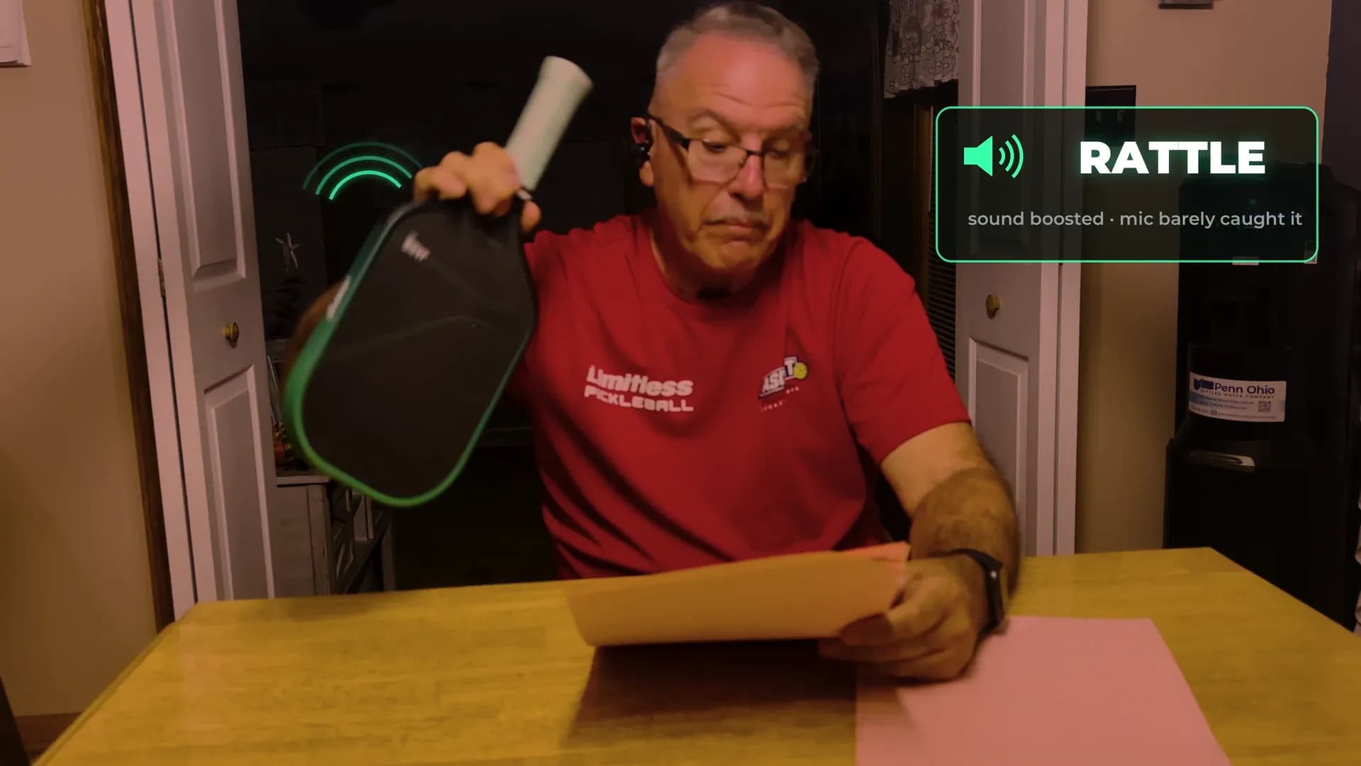 Coach Jeff shaking his RPM Jade next to his ear to check for a handle rattle, with an on-screen RATTLE tag