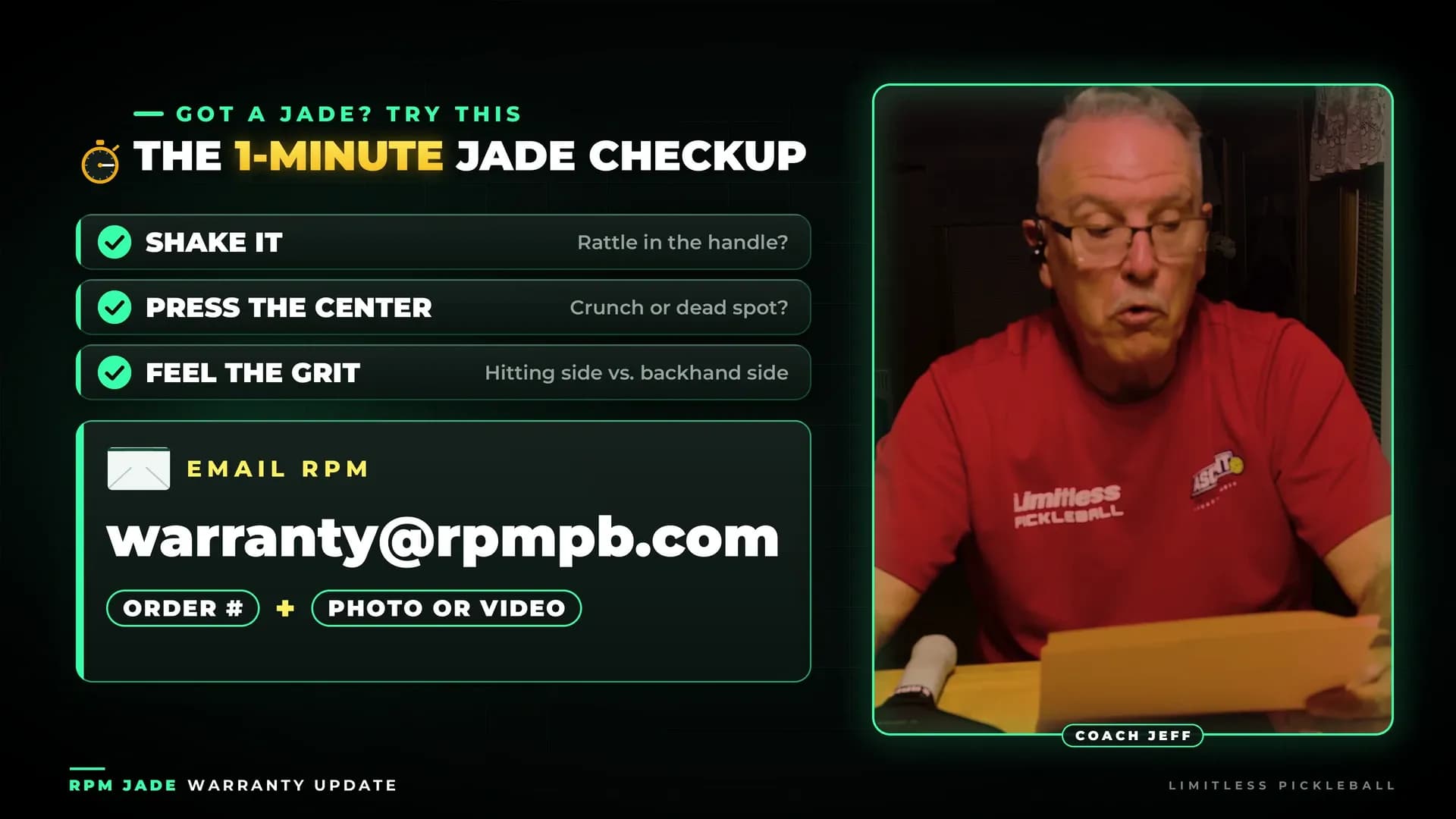 Checklist for the 1-minute RPM Jade checkup: shake it, press the center, feel the grit, then email warranty@rpmpb.com with your order number and a photo or video