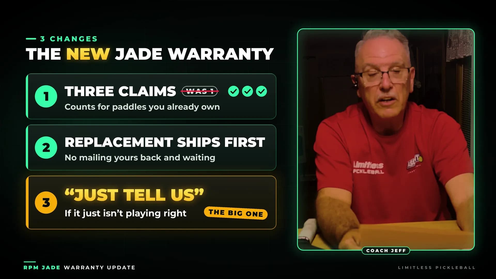 Graphic of the new RPM Jade warranty: three claims (was one), replacement ships first, and the just tell us clause