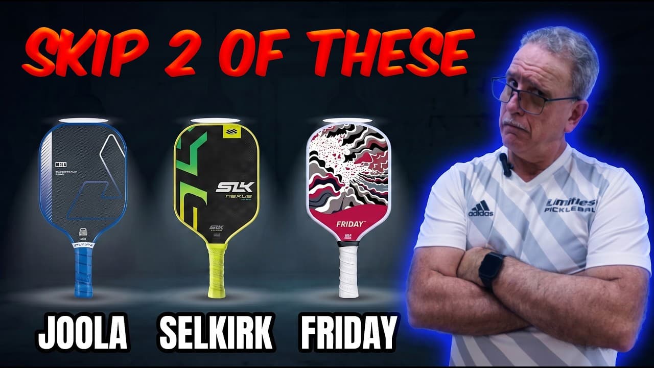 Coach Jeff holding the Joola Essentials Dash, Selkirk SLK Nexus Max and Friday Original pickleball paddles