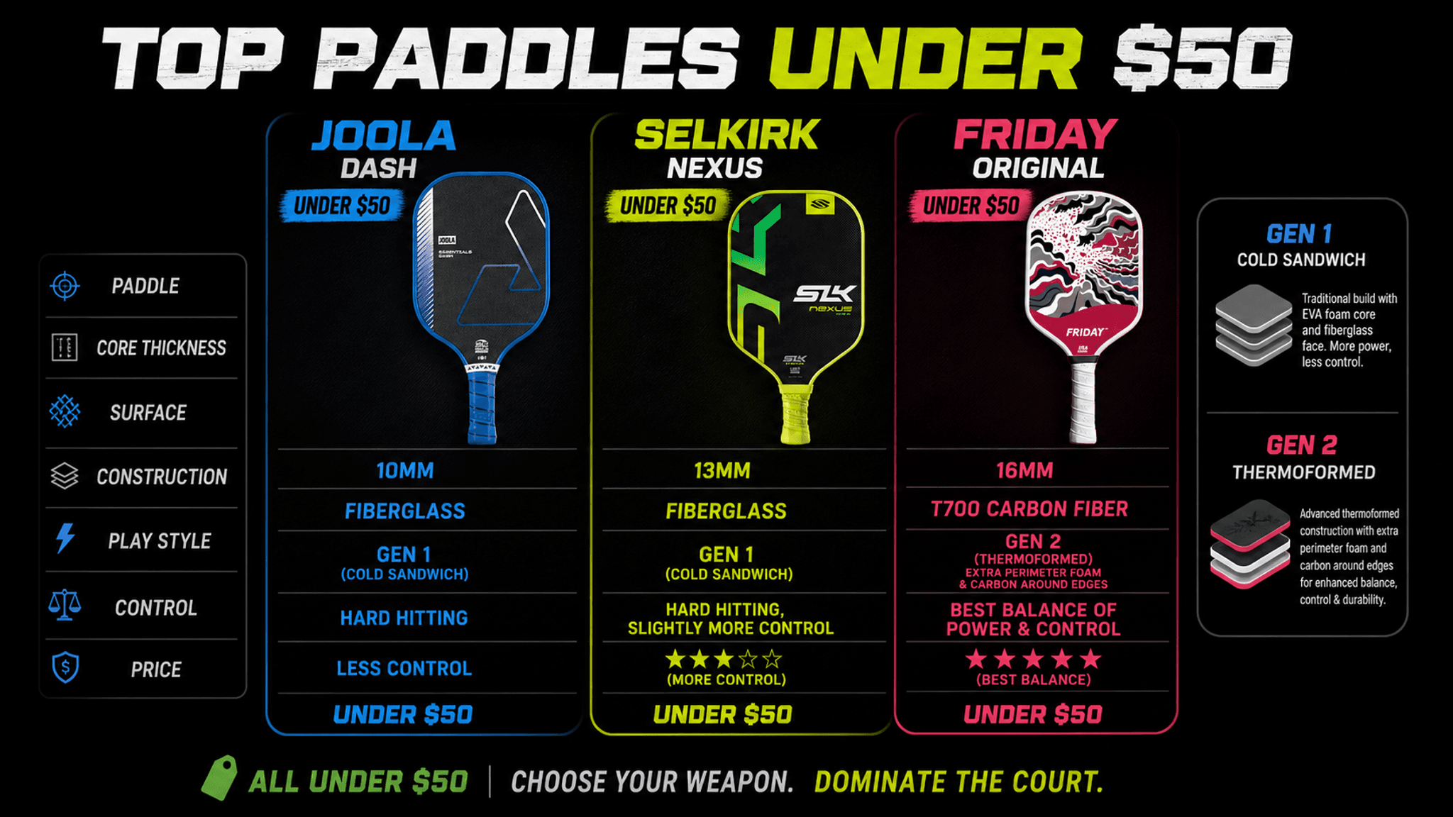 Comparison chart of top pickleball paddles under 50 dollars showing Joola Dash 10mm fiberglass Gen 1, Selkirk Nexus 13mm fiberglass Gen 1 and Friday Original 16mm T700 carbon Gen 2