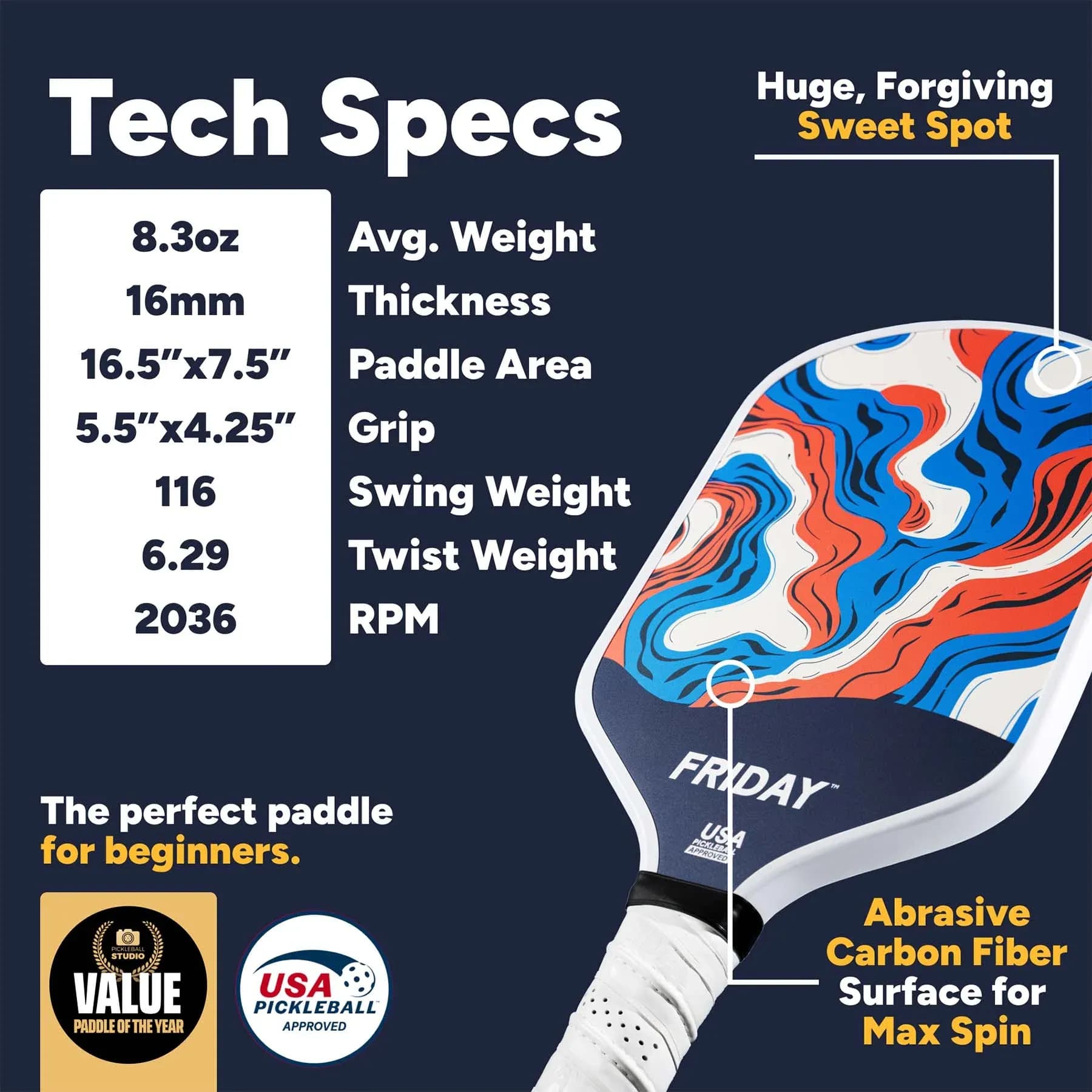 Friday Original specification card listing 16mm core, carbon fiber face, 8.2 ounce average weight and 116 swing weight
