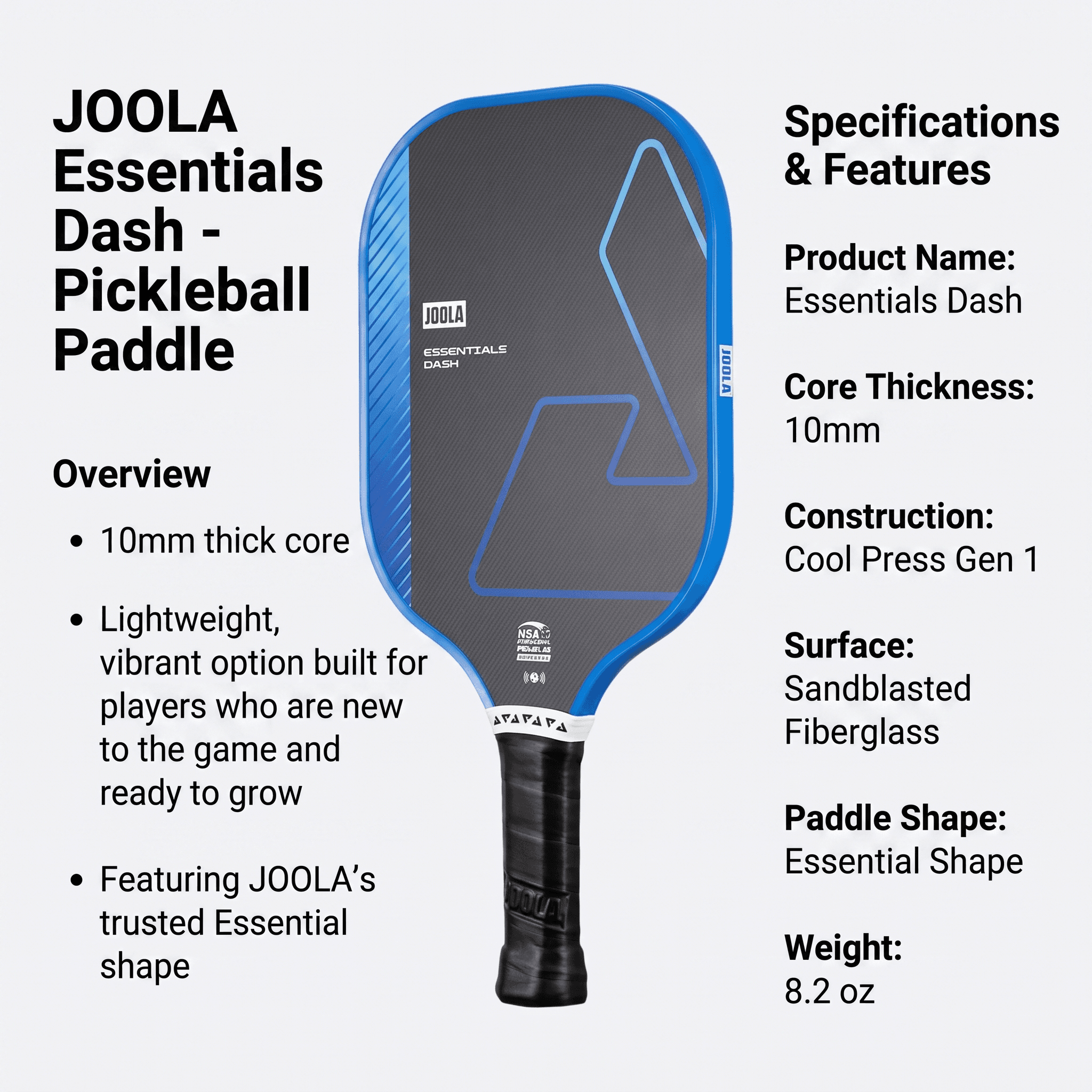 Joola Essentials Dash specification diagram showing a 10mm polymer core and sandblasted fiberglass face