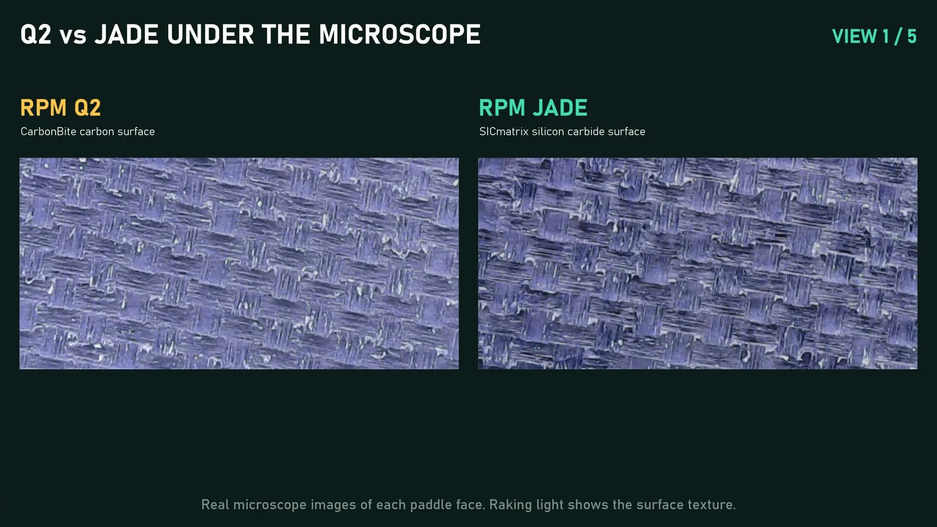 Microscope view comparing the RPM Q2 CarbonBite surface with the RPM Jade SICmatrix silicon carbide surface