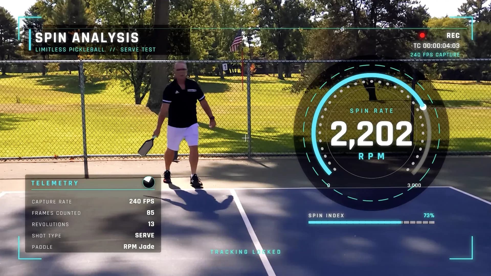 Spin analysis HUD showing an RPM Jade serve measured at 2,202 RPM