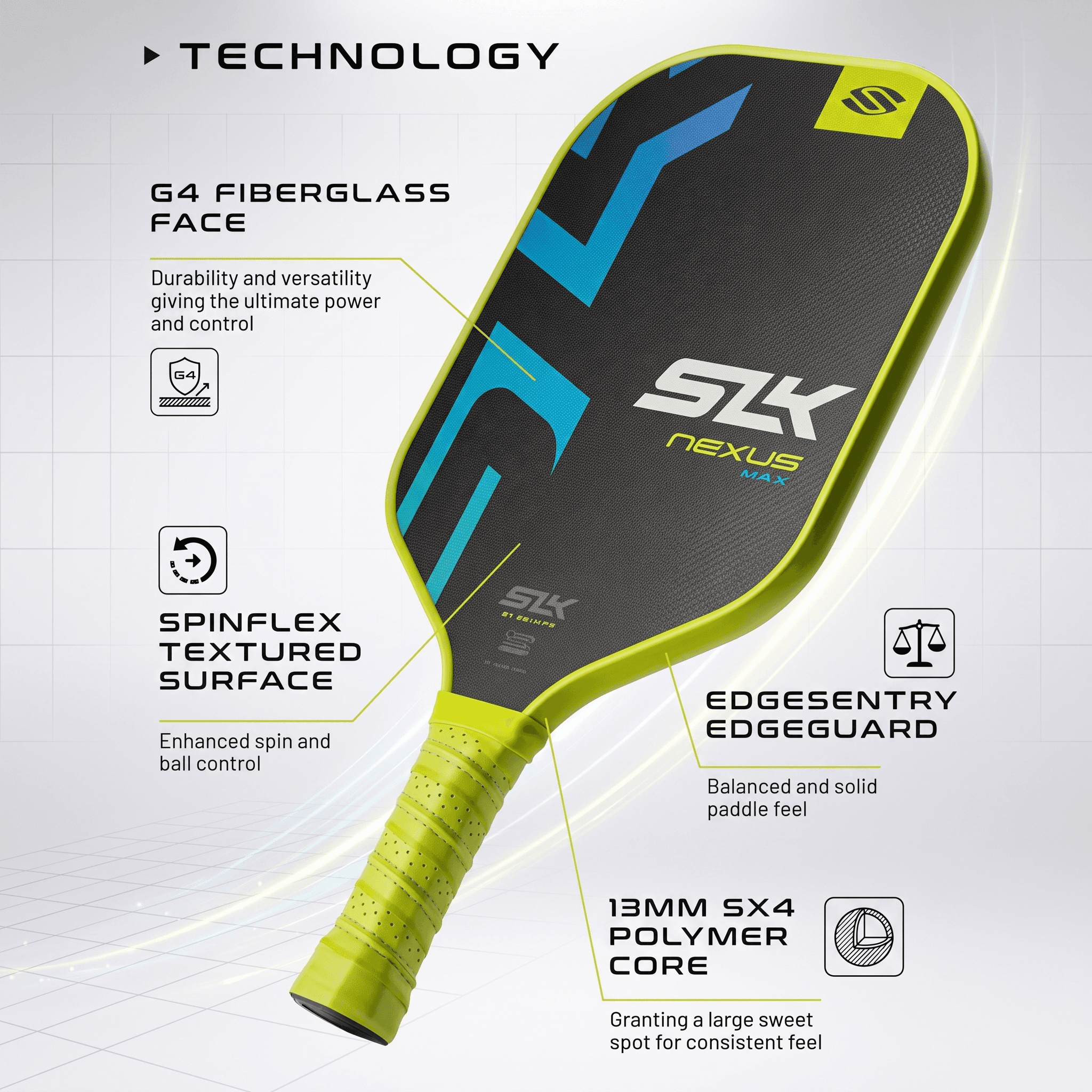 Selkirk SLK Nexus Max specification diagram showing a 13mm SX4 polymer core and G4 fiberglass face