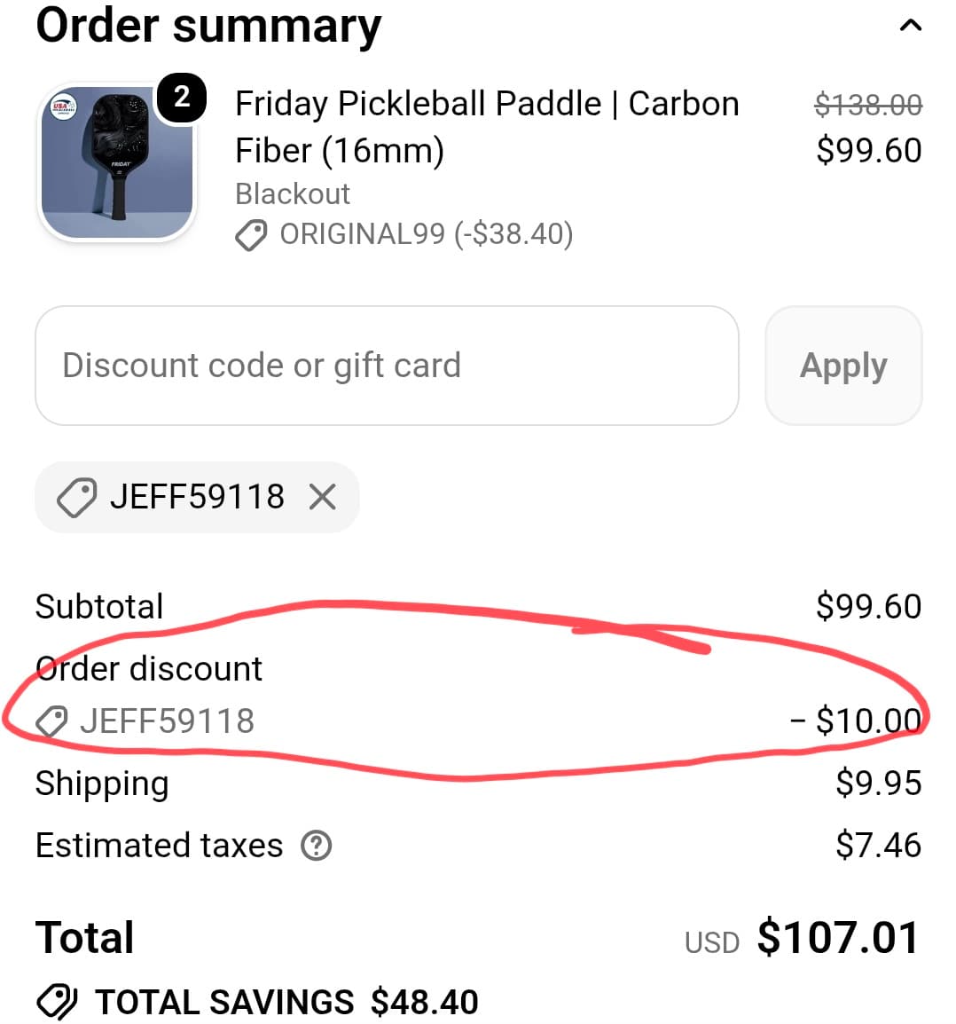 Checkout screenshot showing the extra 10 dollar discount applied to a Friday Original two-pack