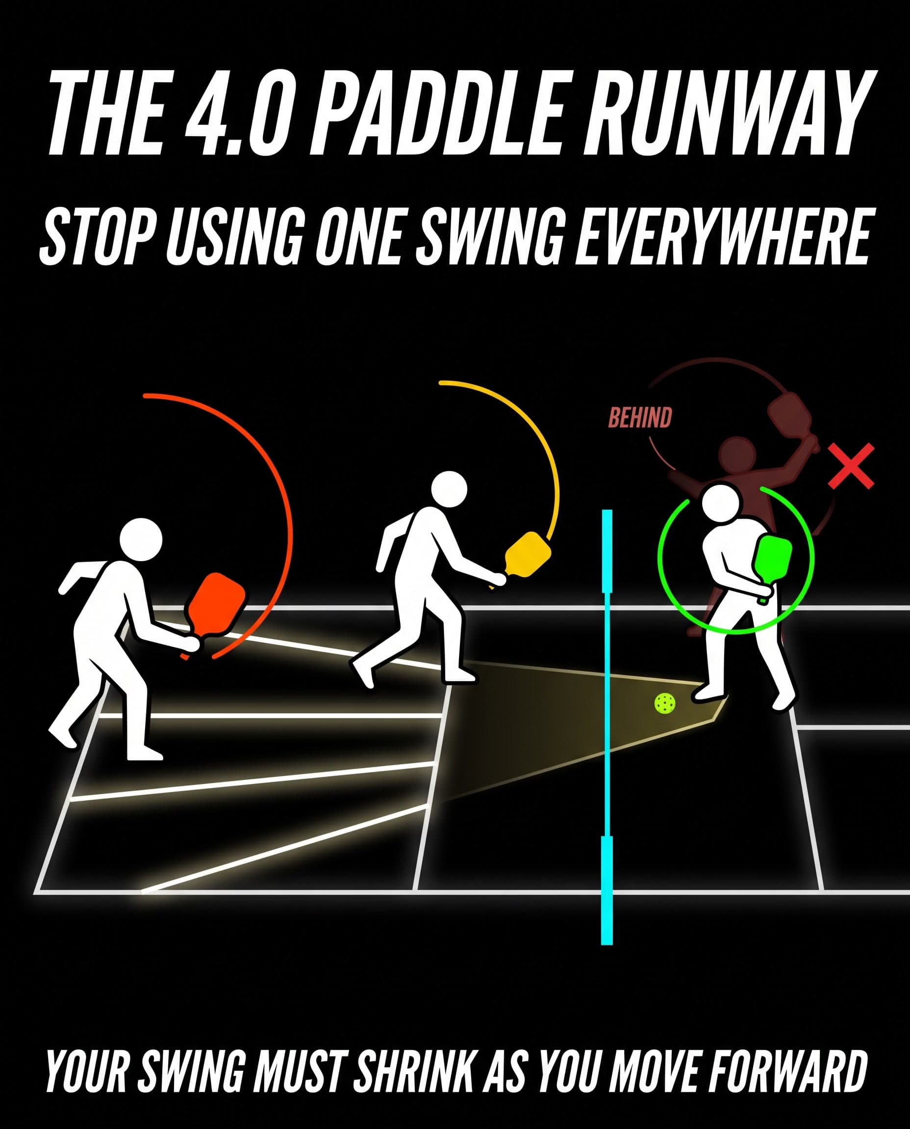 Paddle Runway, slide 1: compact pickleball swing control from baseline to kitchen.