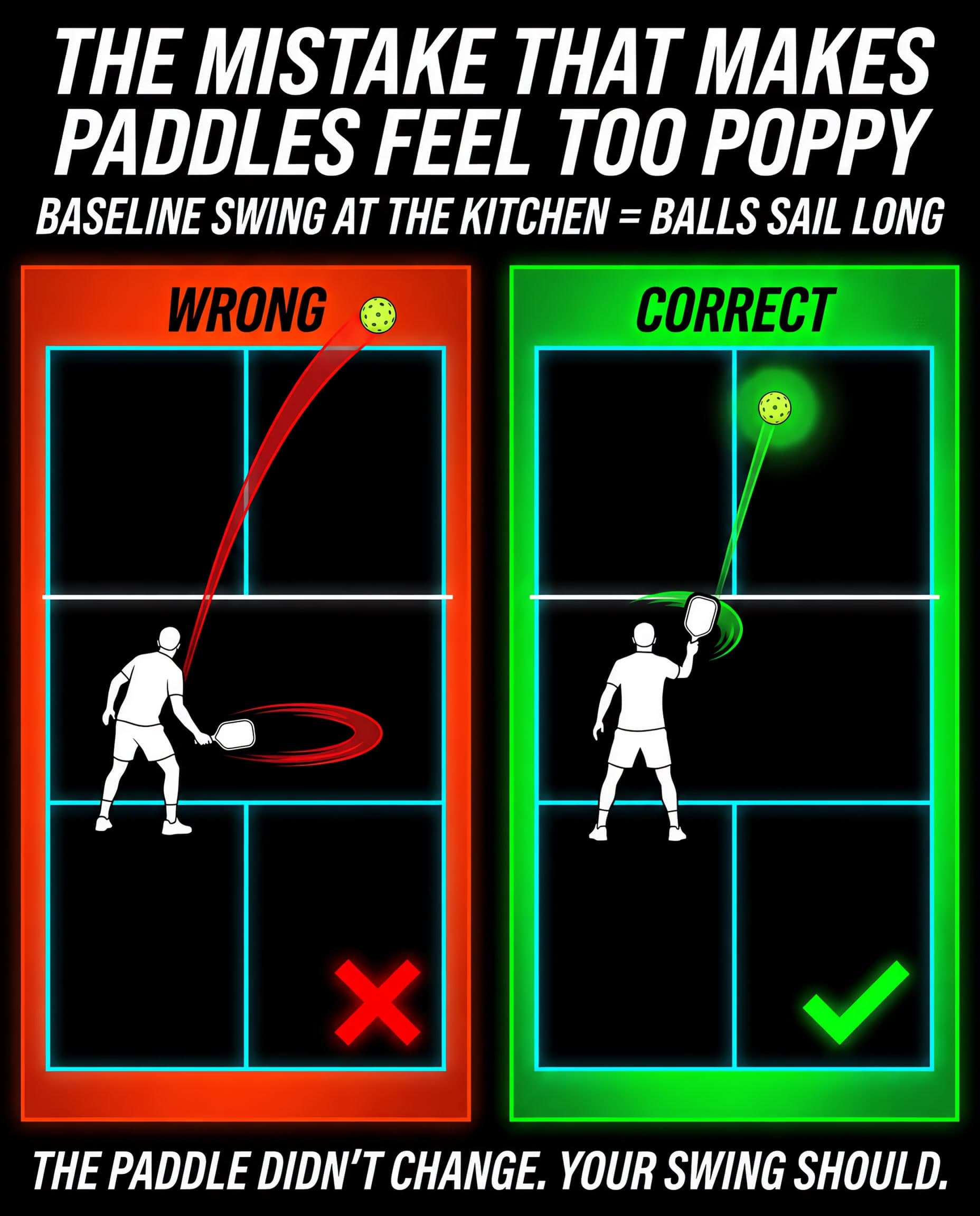 Paddle Runway, slide 2: compact pickleball swing control from baseline to kitchen.