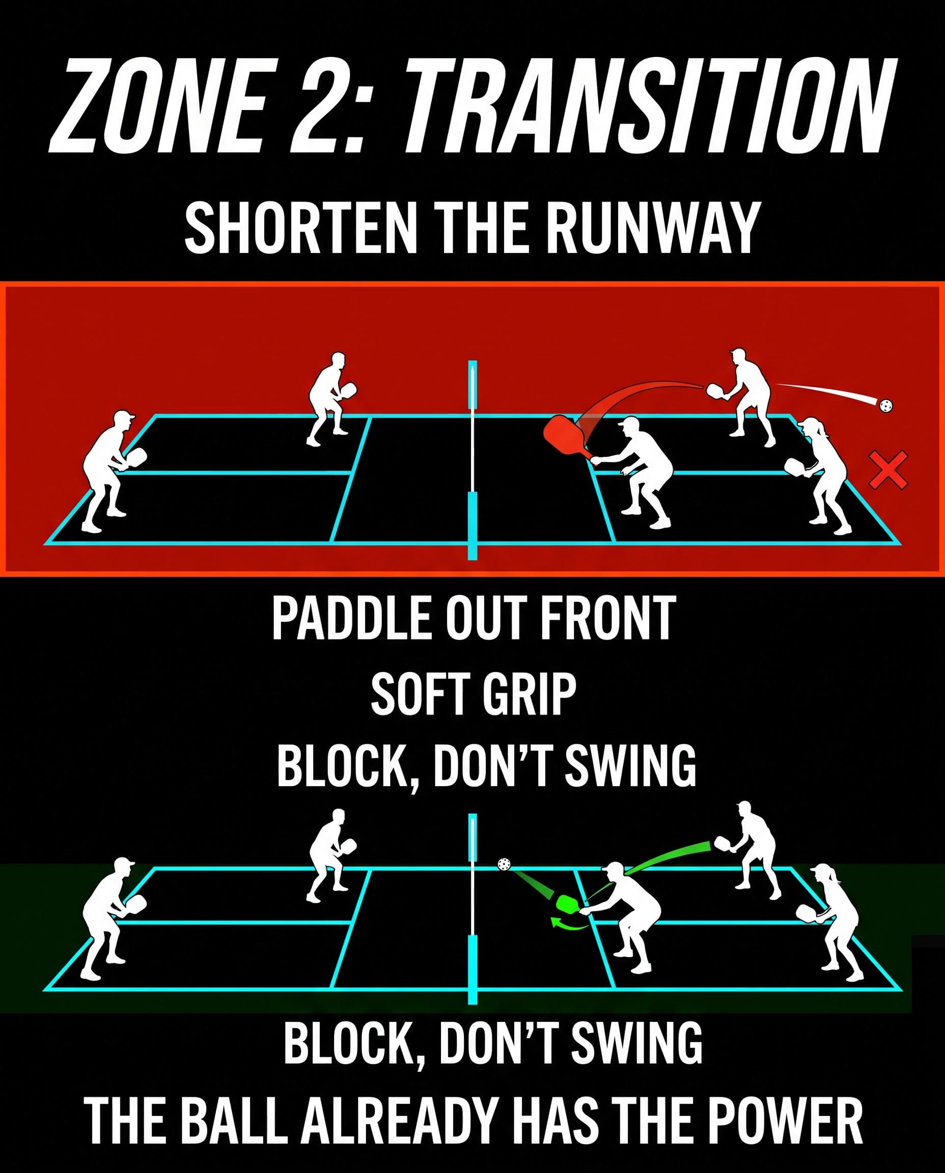 Paddle Runway, slide 5: compact pickleball swing control from baseline to kitchen.