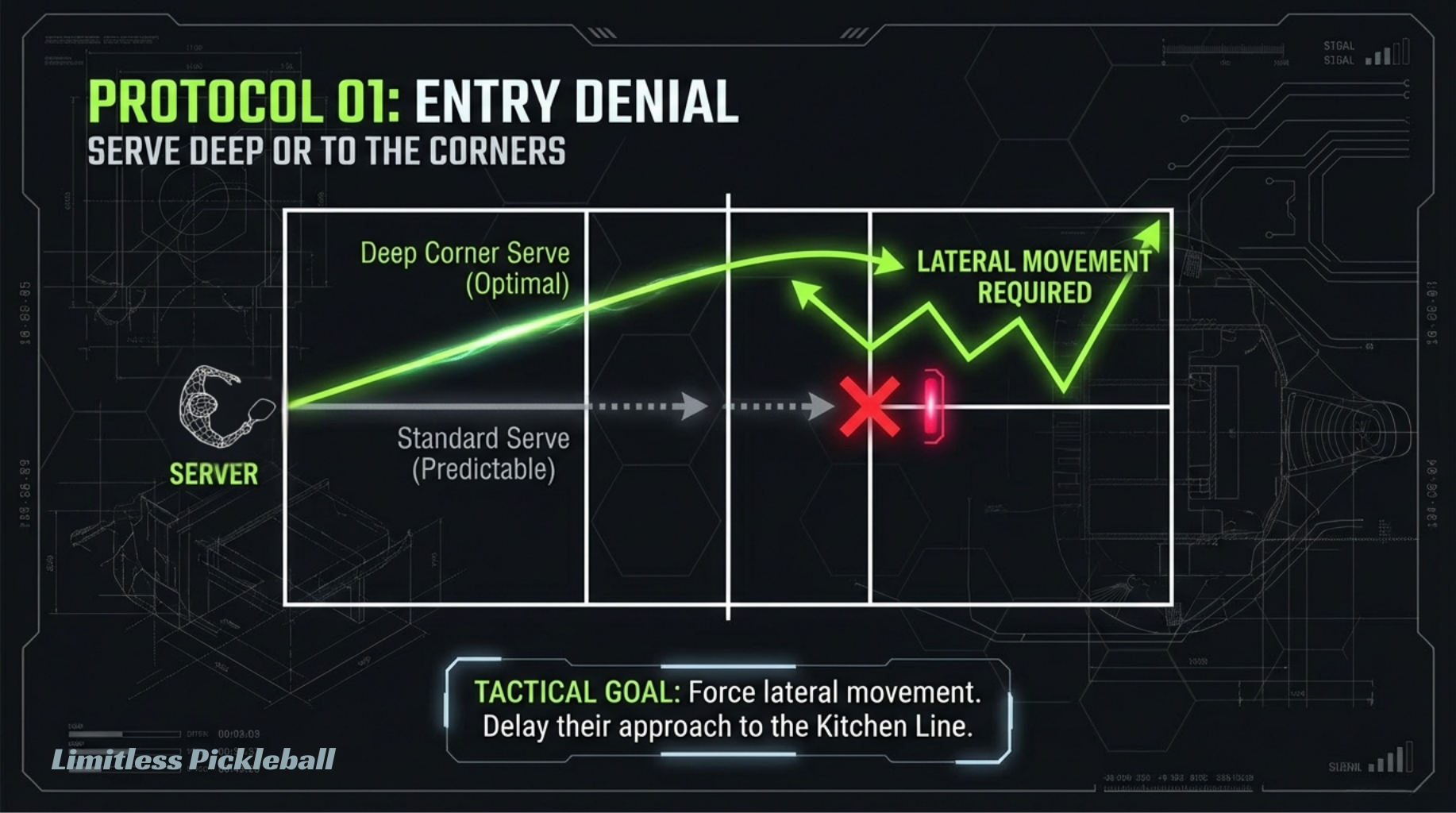 Court
 diagram showing deep corner serve